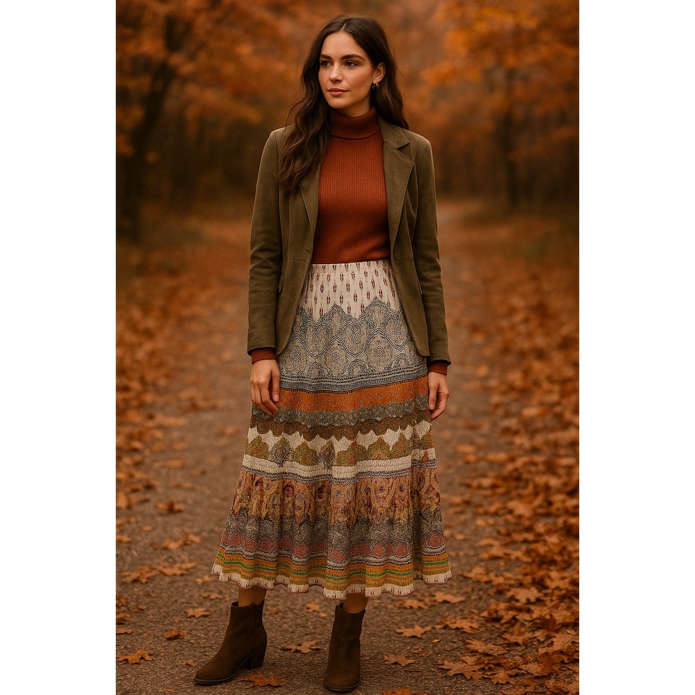 Forbidden Los Angeles Boho Maxi‎ Skirt M Patchwork Paisley Print Embellished